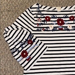 J Crew Striped Blouse with Floral Details